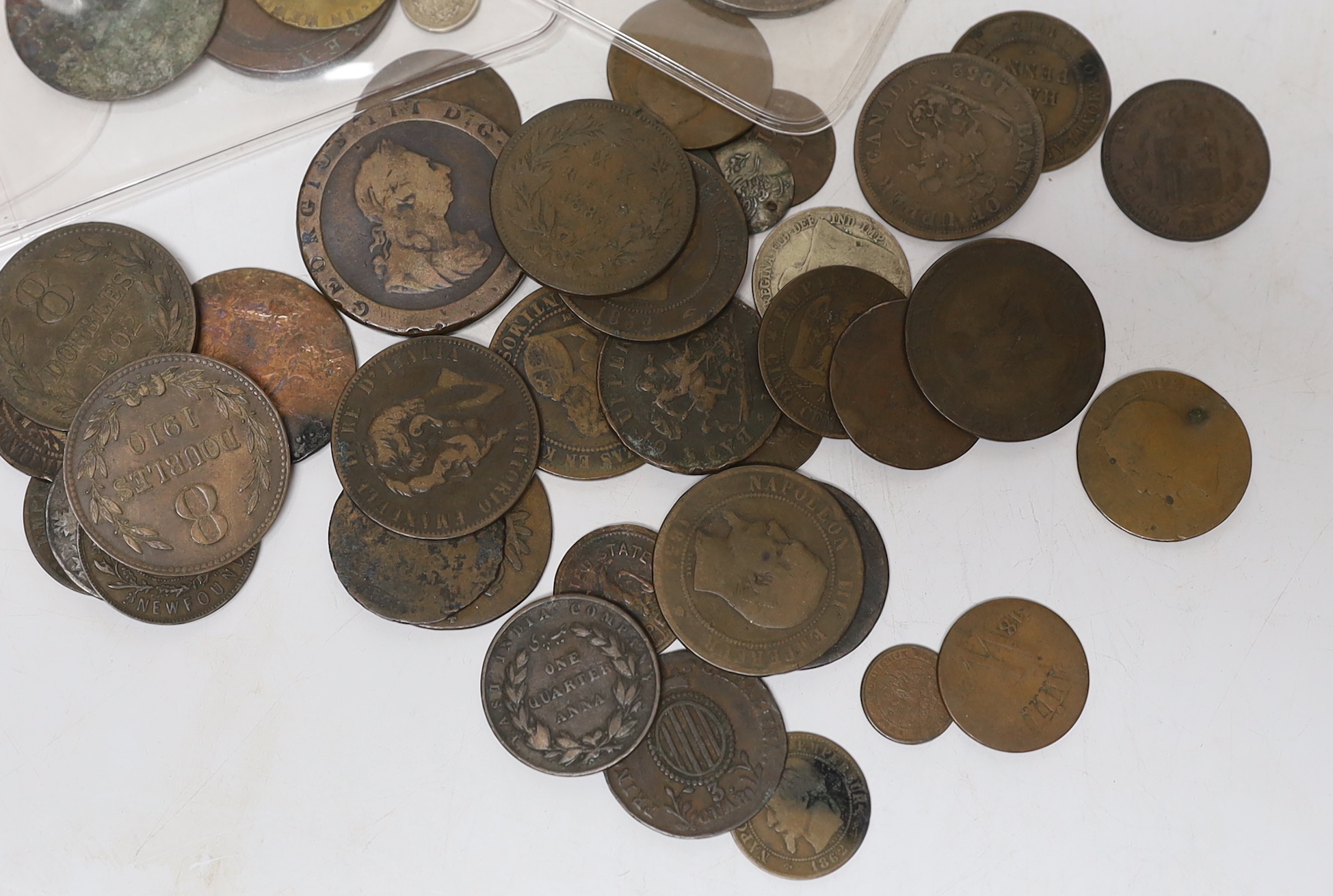 A group of 18th/19th British, France, Canada etc. century coins including Victoria Crown 1844, F or better, US Civil War token 1863 etc.